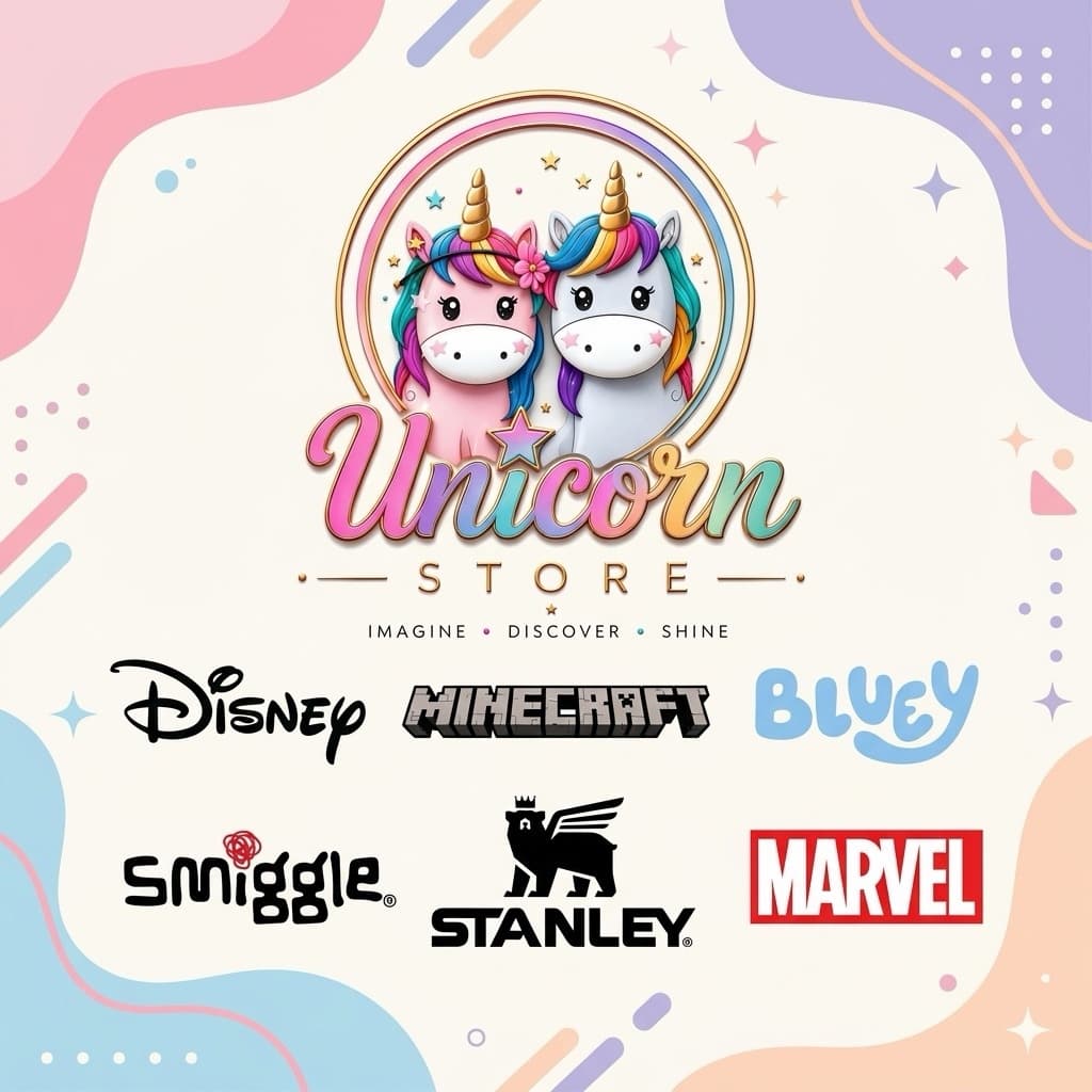 Unicorn Store logo with two unicorns, the words Imagine, Discover, Shine, and the brands Disney, Minecraft, Bluey, Smiggle, Stanley and Marvel