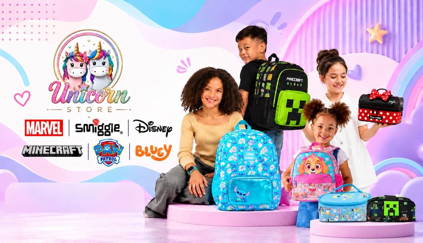 Four smiling kids with Minecraft, Stitch and Paw Patrol backpacks and lunch bags